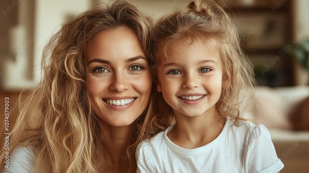 A joyful portrait of a mother and her young daughter smiling brightly, showcasing a bond of love and happiness, captured in a warm and inviting home setting. A joyful portrait of a mother and her young daughter smiling brightly, showcasing a bond of love and happiness, captured in a warm and inviting home setting.
