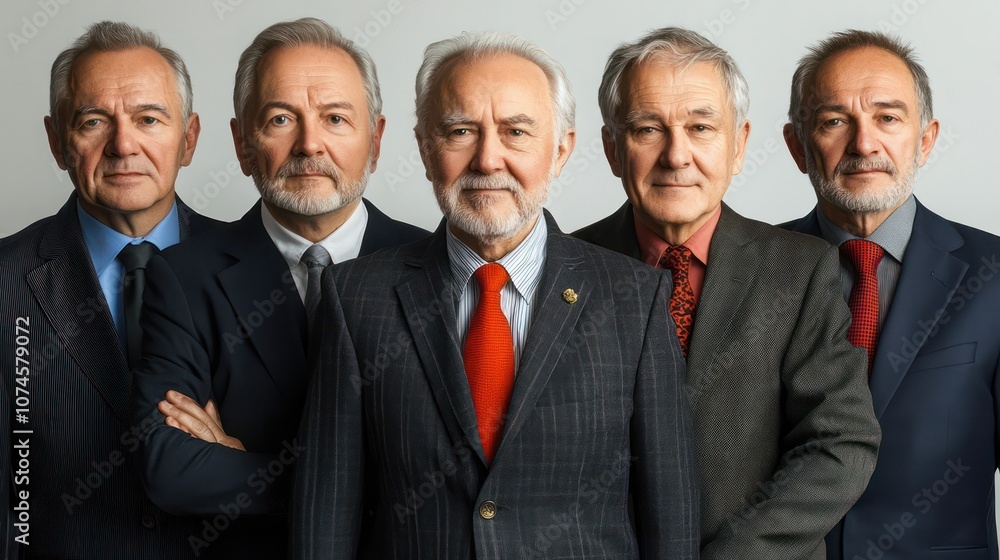 Group of senior Russian professionals, formal attire, displaying leadership and experience, isolated, white background Group of senior Russian professionals, formal attire, displaying leadership and experience, isolated, white background