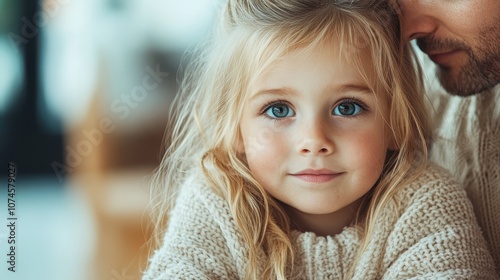 A close-up of a child with big blue eyes looking directly at the camera, wearing a cozy knitted sweater, embodying warmth and innocence in a serene setting.