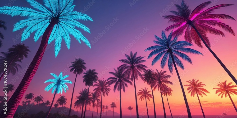 Tropical Oasis A of vibrant neon palm trees each frond a dazzling array of neon pink and blue stands silhouetted against a warm gradient transitioning from deep orange to soft Tropical Oasis A of vibrant neon palm trees each frond a dazzling array of neon pink and blue stands silhouetted against a warm gradient transitioning from deep orange to soft