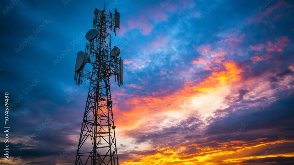 A towering communication antenna stands against a vibrant sunset, showcasing a blend of technology and natural beauty. A towering communication antenna stands against a vibrant sunset, showcasing a blend of technology and natural beauty.