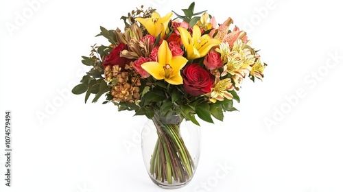 A stunning glass vase filled with a vibrant bouquet of flowers stands out against a clean white background.