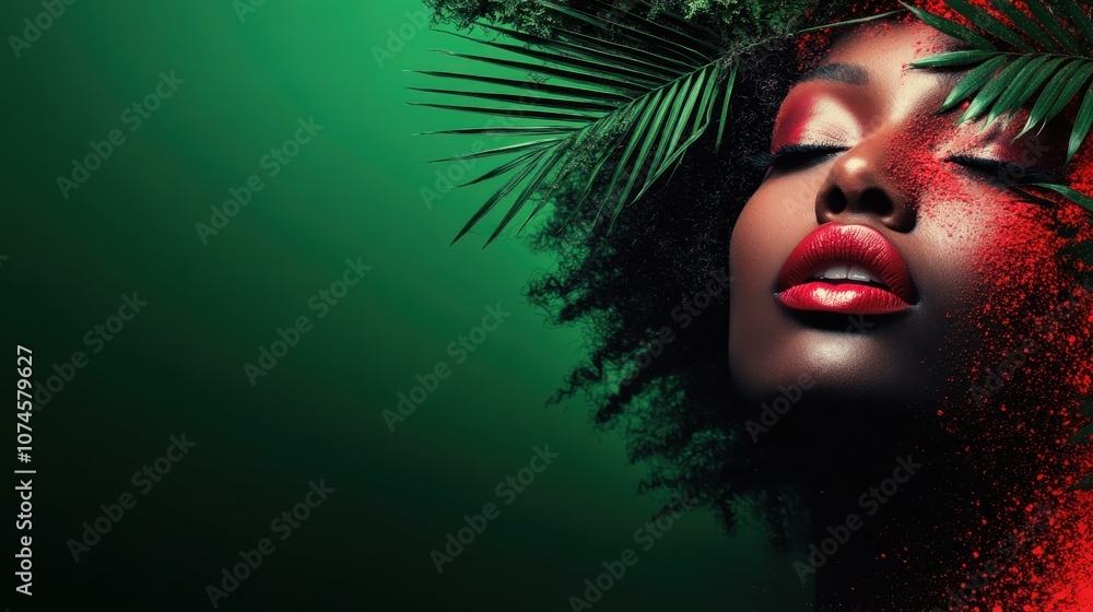 A dramatic portrait of a woman adorned with red glitter and lush palm leaves, reflecting vibrant beauty and tropical allure, set against a green backdrop. A dramatic portrait of a woman adorned with red glitter and lush palm leaves, reflecting vibrant beauty and tropical allure, set against a green backdrop.