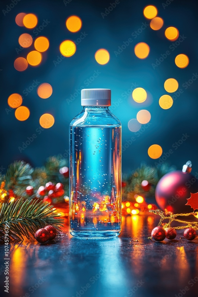 A bottle of water is on a table with Christmas decorations A bottle of water is on a table with Christmas decorations