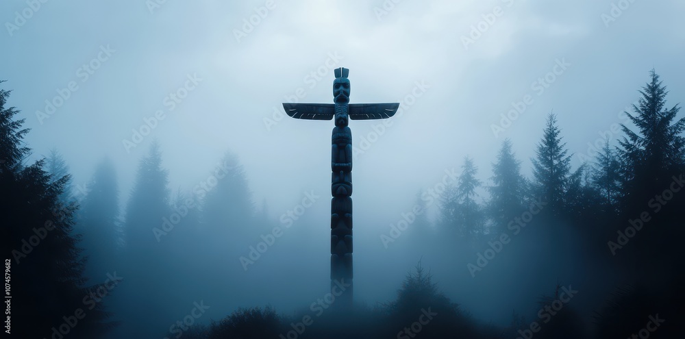 Mystical totem pole emerging from a serene foggy landscape, evoking a sense of ancient spirituality and wonder. Mystical totem pole emerging from a serene foggy landscape, evoking a sense of ancient spirituality and wonder.
