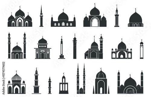 Islamic mosque black icons set. Tower dome arabic asian architecture symbol of muslim religion. Buildings shapes with minarets. Black and white simple flat style. Isolated vector on white background