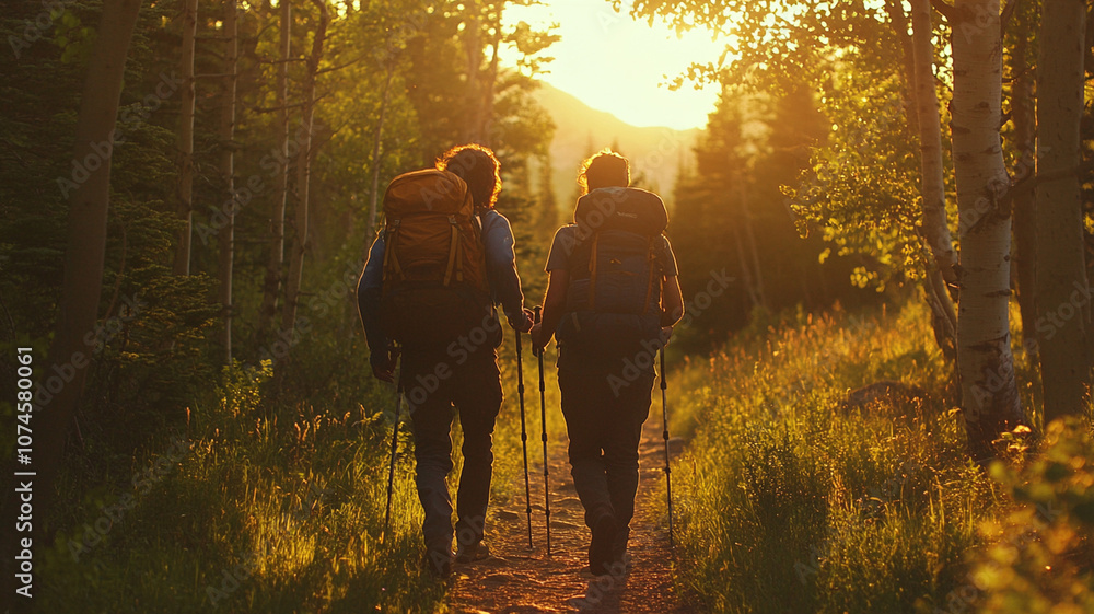 couple hiking together with backpacks in sunlit forest trail couple hiking together with backpacks in sunlit forest trail