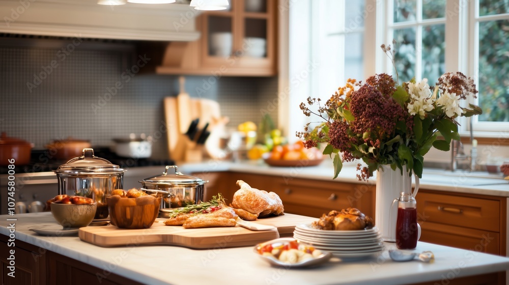 Fototapeta premium A cozy kitchen filled with delicious foods and fresh flowers during a family meal in the afternoon light