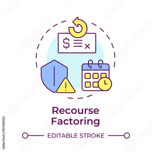 Resource factoring multi color concept icon. Symbolizing financial responsibility and risk. Shield with alert sign. Round shape line illustration. Abstract idea. Graphic design. Easy to use in article