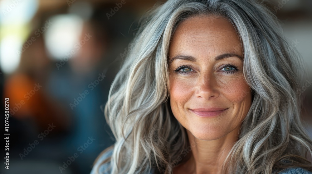 This elegant portrait features a smiling woman with natural grey hair, exuding confidence and beauty, symbolizing wisdom and the grace of aging gracefully. This elegant portrait features a smiling woman with natural grey hair, exuding confidence and beauty, symbolizing wisdom and the grace of aging gracefully.