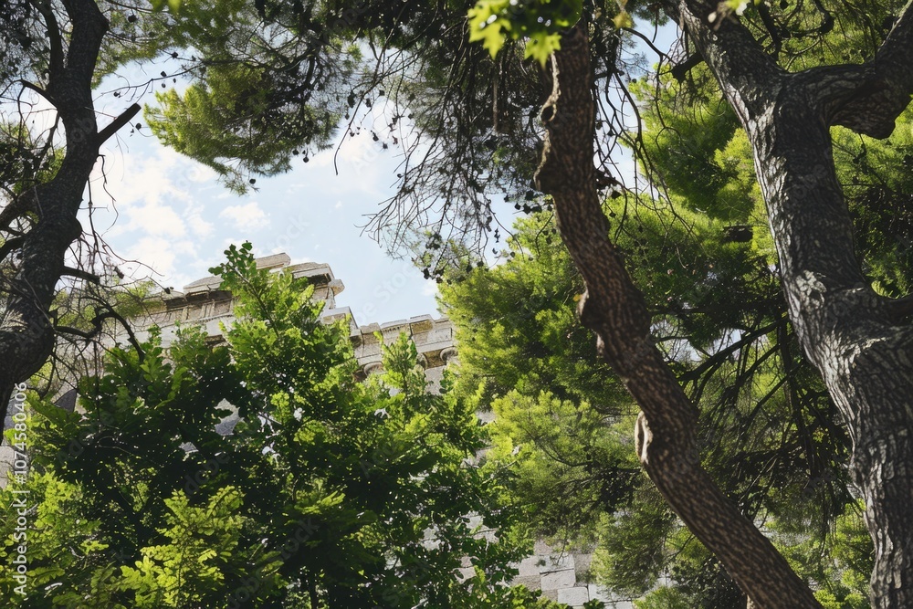 Fototapeta premium A view of a building through dense tree branches, perfect for use in architecture or environmental design projects
