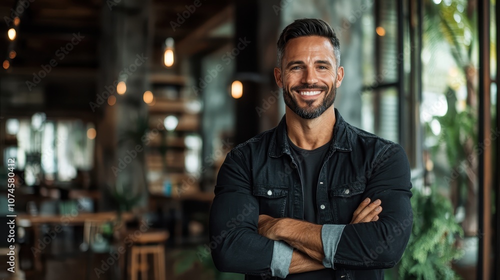 A confident man stands smiling with crossed arms in a contemporary cafe setting, featuring a modern aesthetic with wooden furniture and soft lighting. A confident man stands smiling with crossed arms in a contemporary cafe setting, featuring a modern aesthetic with wooden furniture and soft lighting.