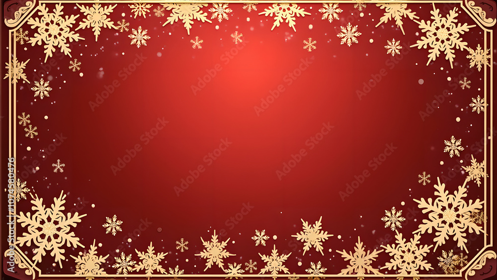 Red and gold Christmas background with snowflakes and frame