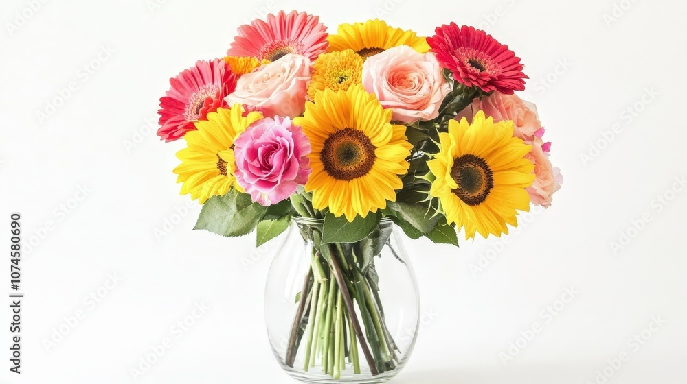 A stylish vase filled with a vibrant bouquet of flowers is elegantly displayed against a clean white background. A stylish vase filled with a vibrant bouquet of flowers is elegantly displayed against a clean white background.