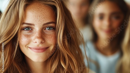 A close-up of a smiling girl with freckles and long hair, her eyes bright and inviting, with a soft blurred background, conveying warmth and friendliness.