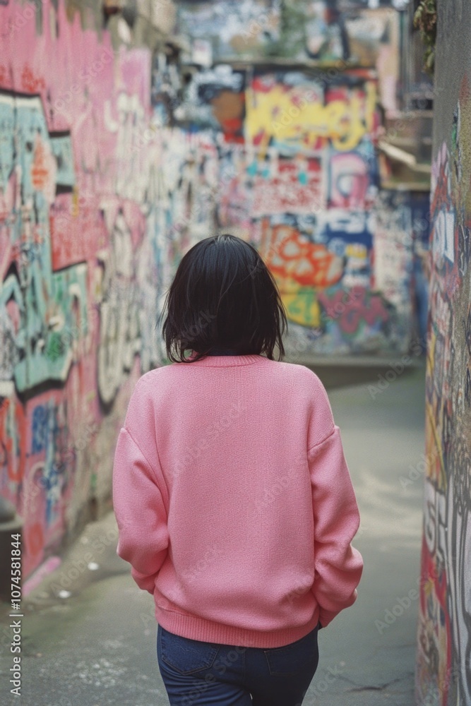 Fototapeta premium A woman walking in an urban setting, surrounded by graffiti and city atmosphere