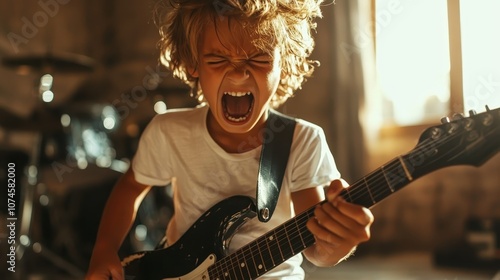 An enthusiastic child with wild hair passionately playing an electric guitar, mouth wide open in excitement, capturing the essence of rock and roll spirit. photo