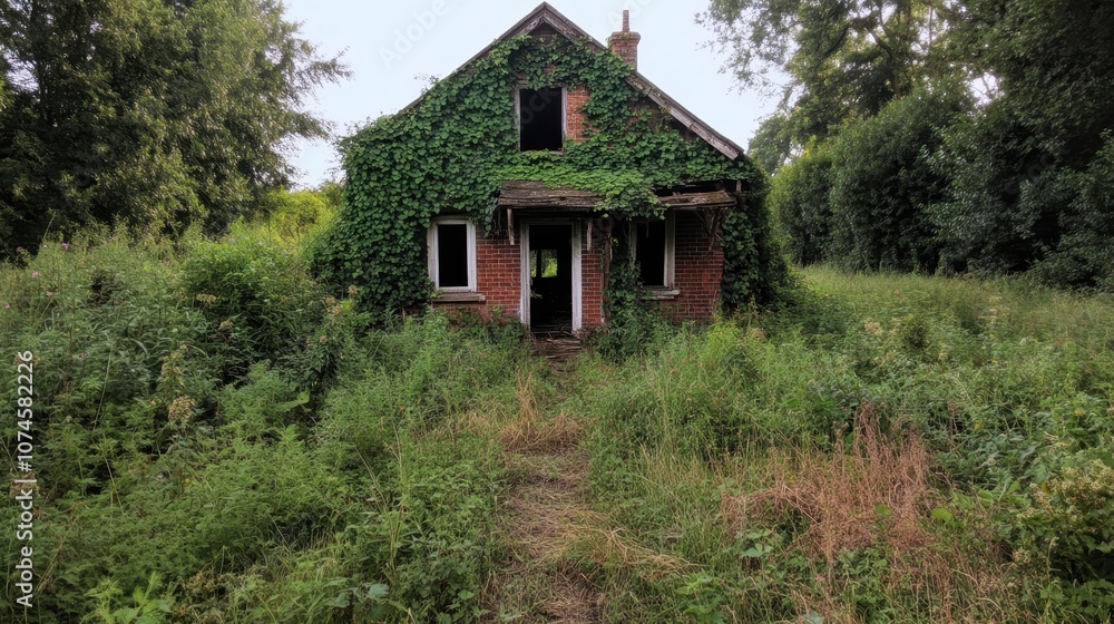 A solitary abandoned house with ivy covering its facade stands amid thick greenery, symbolizing neglect and nature's reclaim of space, creating a haunting scene. A solitary abandoned house with ivy covering its facade stands amid thick greenery, symbolizing neglect and nature's reclaim of space, creating a haunting scene.