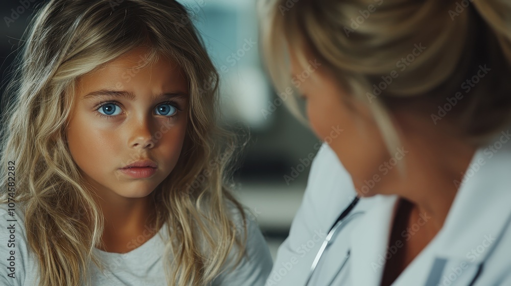 A young girl sits attentively as a female doctor speaks to her, the scene portraying trust and communication within a medical setting with a supportive atmosphere. A young girl sits attentively as a female doctor speaks to her, the scene portraying trust and communication within a medical setting with a supportive atmosphere.