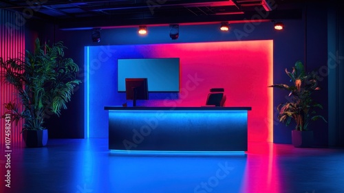 Futuristic modern exclusive news desk design with sleek lines and high-tech features for a cutting-edge newsroom.