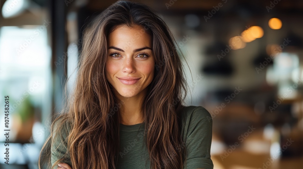 A woman with long brown hair and a warm smile stands confidently in a casual setting, conveying a sense of approachability and natural beauty. A woman with long brown hair and a warm smile stands confidently in a casual setting, conveying a sense of approachability and natural beauty.