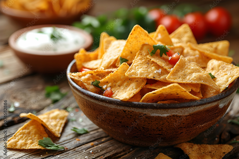 Corn chips nachos with sauce on a wooden table. Corn chips nachos with sauce on a wooden table.