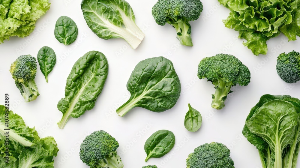 A variety of fresh green vegetables, such as spinach, lettuce, and broccoli, is laid out on a white background. A variety of fresh green vegetables, such as spinach, lettuce, and broccoli, is laid out on a white background.