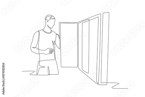 Man going to get stuff from gym locker. Gym locker concept one-line drawing