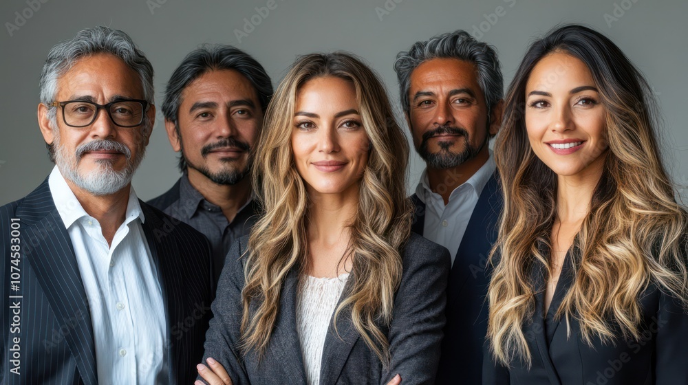 Mexican business team, diverse ages, professional attire, isolated, white background Mexican business team, diverse ages, professional attire, isolated, white background