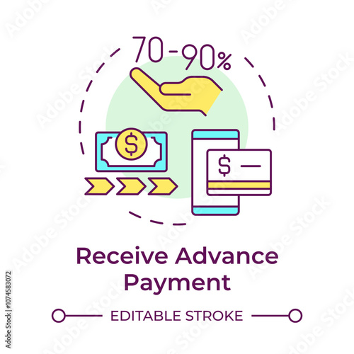 Receive advanced payment multi color concept icon. Factoring process. Dollar bill with arrows indicating cash flow. Round shape line illustration. Abstract idea. Graphic design. Easy to use in article