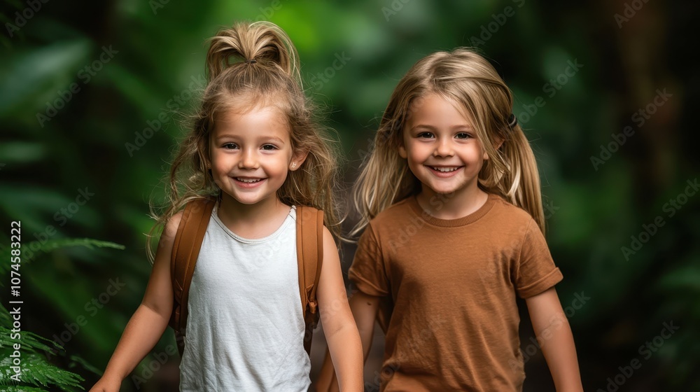 Two young girls with backpacks smiling joyfully while walking through a lush green forest trail, embodying the spirit of adventure and friendship in nature. Two young girls with backpacks smiling joyfully while walking through a lush green forest trail, embodying the spirit of adventure and friendship in nature.
