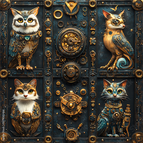 Steampunk inspired pattern featuring mechanical animals like owls and cats, adorned with gears and intricate details, creating whimsical and imaginative design photo