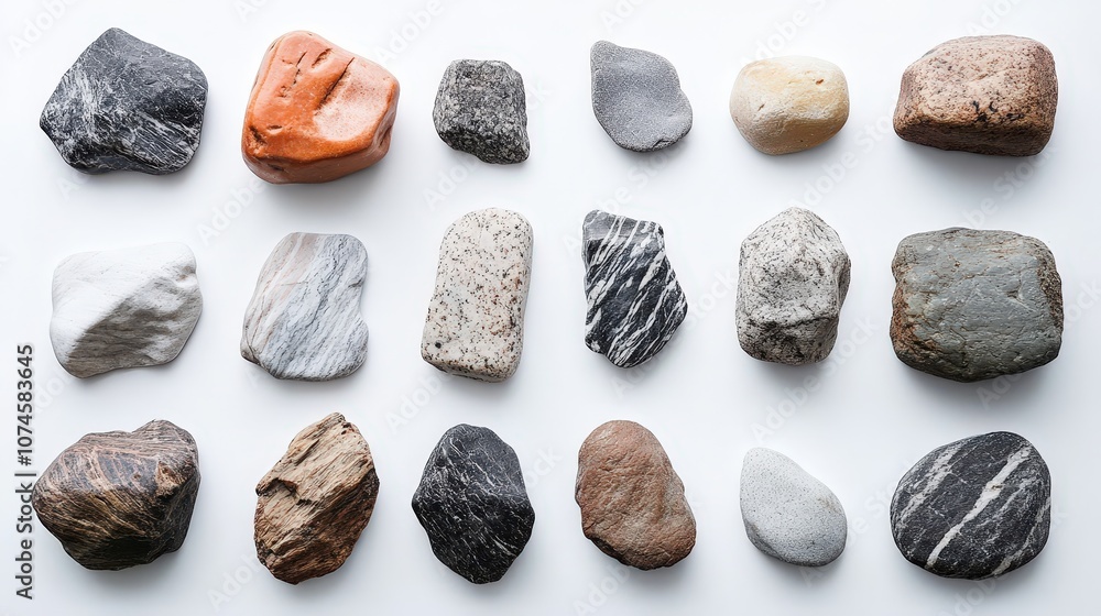 A variety of rocks, ranging from pebbles to larger stones, is displayed on a white background. A variety of rocks, ranging from pebbles to larger stones, is displayed on a white background.