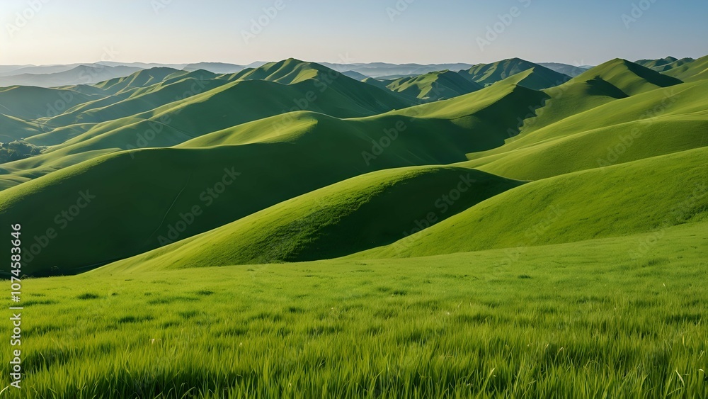 Fototapeta premium Panoramic view of rolling green hills under a clear blue sky.