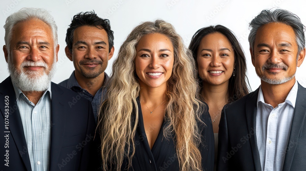Multigenerational team of Australian and Pacific Island business professionals, youth to elderly, isolated, white background Multigenerational team of Australian and Pacific Island business professionals, youth to elderly, isolated, white background