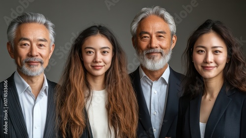 Multigenerational, multicultural business team portrait, including youth and seniors, isolated, white background