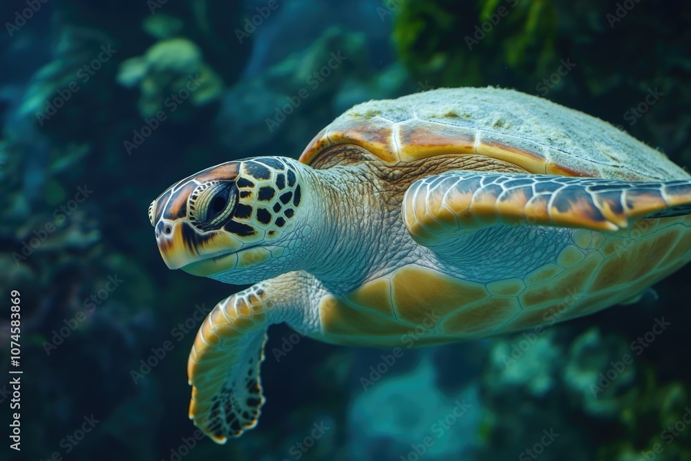 Fototapeta premium Turtle swimming in aquarium with algae