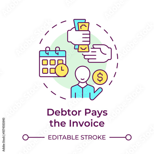 Debtor pays invoice multi color concept icon. Factoring process. Person with dollar symbol. Payment phase. Round shape line illustration. Abstract idea. Graphic design. Easy to use in article