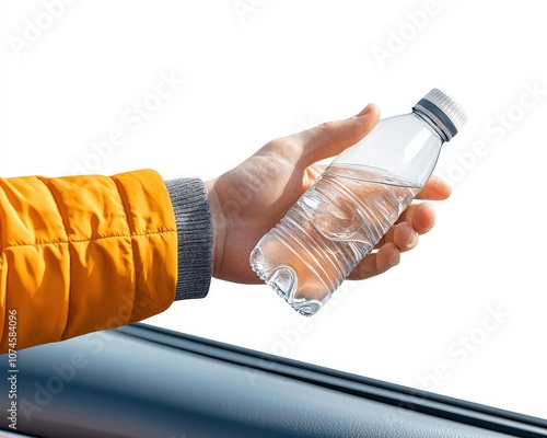 A person is holding a bottle of water in their hand