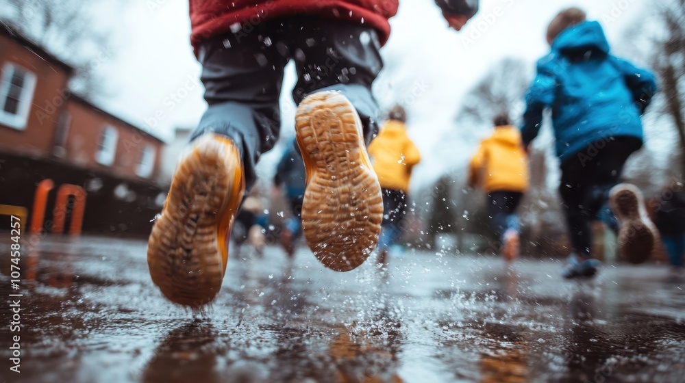 Kids in colorful raincoats joyfully jump through watery puddles, encapsulating the delight and spontaneity of playing in the rain on a cloudy, fun-filled day. Kids in colorful raincoats joyfully jump through watery puddles, encapsulating the delight and spontaneity of playing in the rain on a cloudy, fun-filled day.