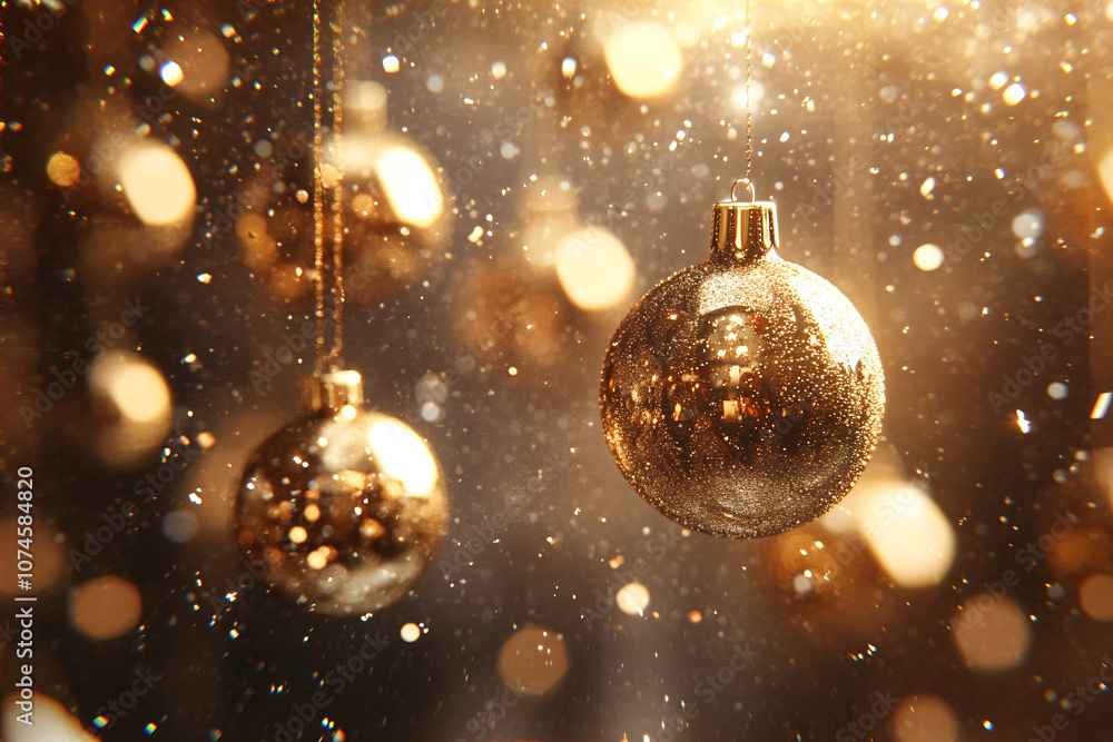 Shiny Christmas tree balls on golden sparkle bokeh background with sparkle and glitter. Celebrating winter New Year holiday on festive atmosphere. Shiny Christmas tree balls on golden sparkle bokeh background with sparkle and glitter. Celebrating winter New Year holiday on festive atmosphere.