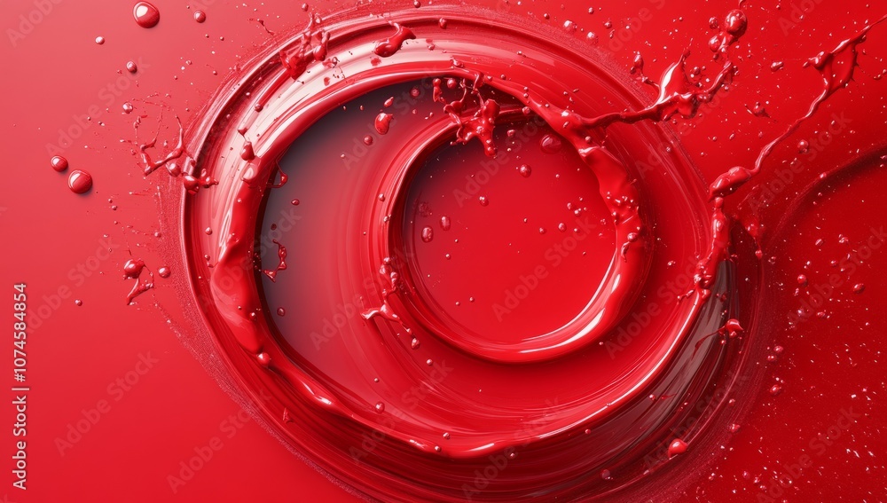 Fototapeta premium 3D rendering of a red abstract background with circular shapes and liquid splashes.