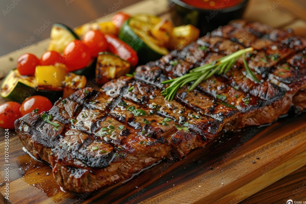 Grilled Steak with Rosemary and Grilled Vegetables on a Wooden Cutting Board Grilled Steak with Rosemary and Grilled Vegetables on a Wooden Cutting Board
