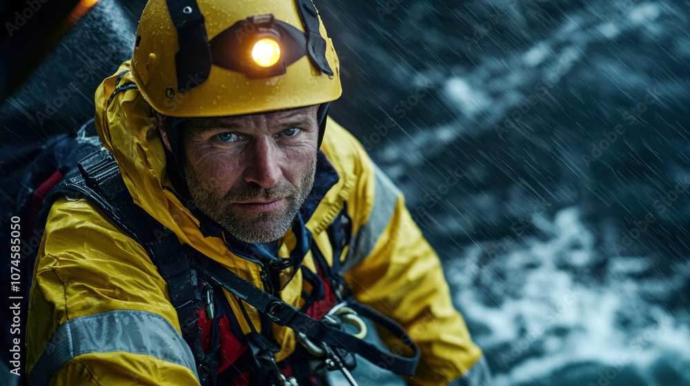 man in yellow waterproof jacket and helmet, focused and determined, braving elements at sea. rain and waves create dramatic backdrop man in yellow waterproof jacket and helmet, focused and determined, braving elements at sea. rain and waves create dramatic backdrop