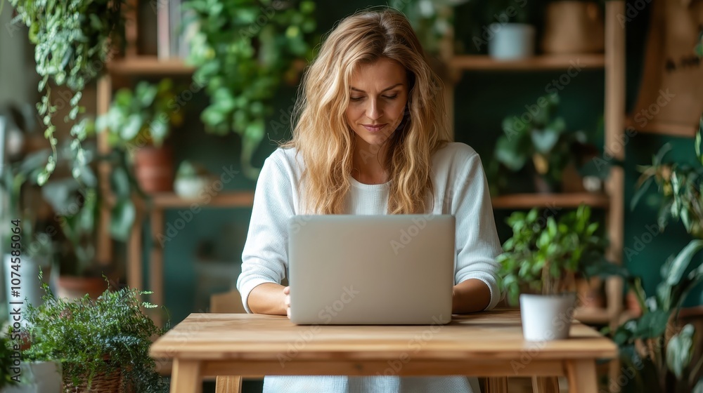 A woman in a cozy setting works on her laptop, surrounded by lush indoor plants, presenting a harmonious blend of productivity and a love for nature. A woman in a cozy setting works on her laptop, surrounded by lush indoor plants, presenting a harmonious blend of productivity and a love for nature.