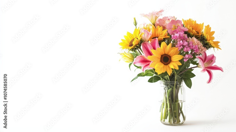 A vibrant bouquet of flowers in a glass vase stands out against a clean white background, creating a stunning visual effect. A vibrant bouquet of flowers in a glass vase stands out against a clean white background, creating a stunning visual effect.