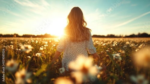 A woman with long hair in a polka dot shirt stands amidst flowers in a field, gazing at the sunset, capturing a serene moment of connection with nature.