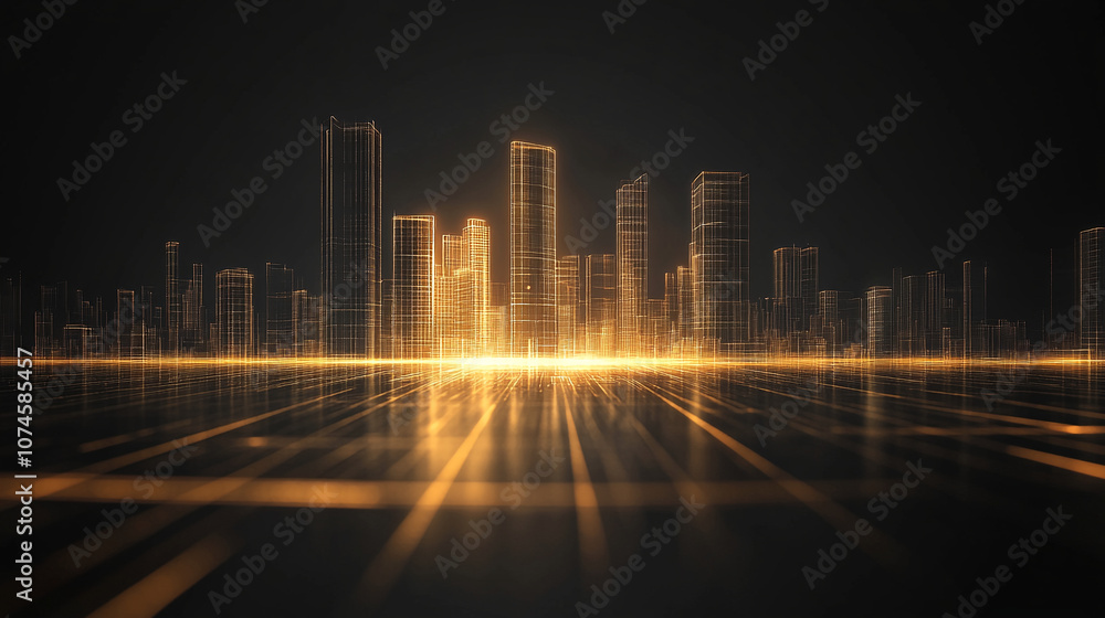 Fototapeta premium A digital rendering of a cityscape with glowing buildings against a dark background