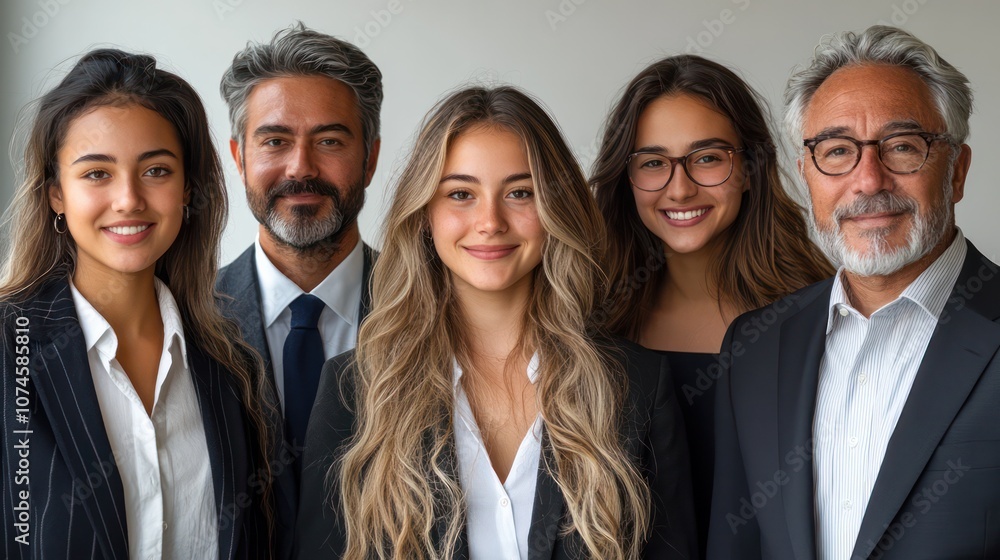 Portrait of a diverse business group, including teens and seniors, formal attire, isolated, white background Portrait of a diverse business group, including teens and seniors, formal attire, isolated, white background