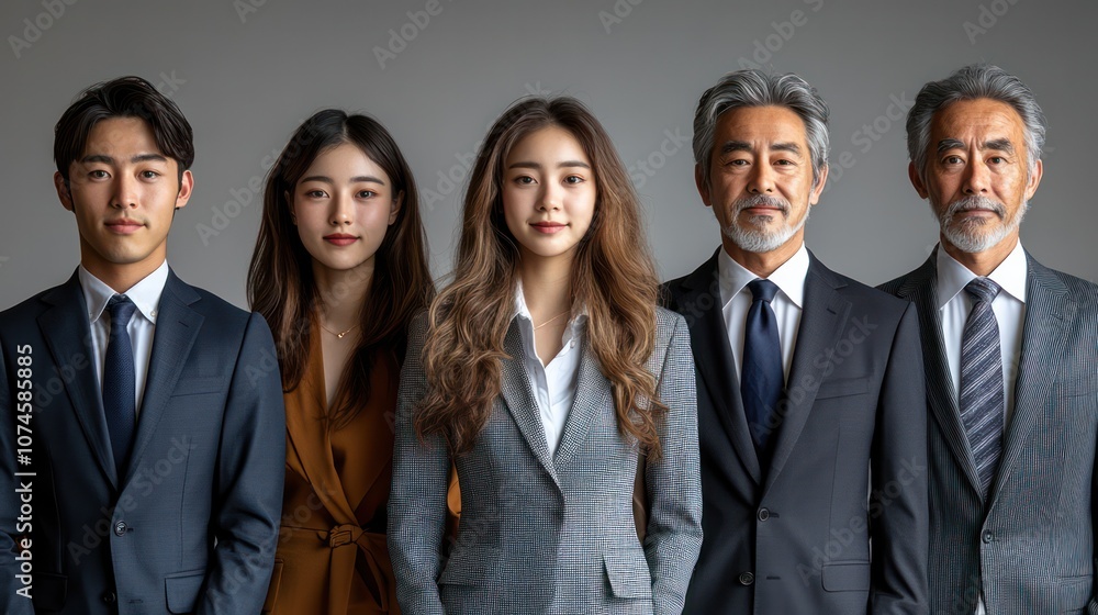 Portrait of a diverse Japanese business team, teens and seniors, formal attire, isolated, white background Portrait of a diverse Japanese business team, teens and seniors, formal attire, isolated, white background